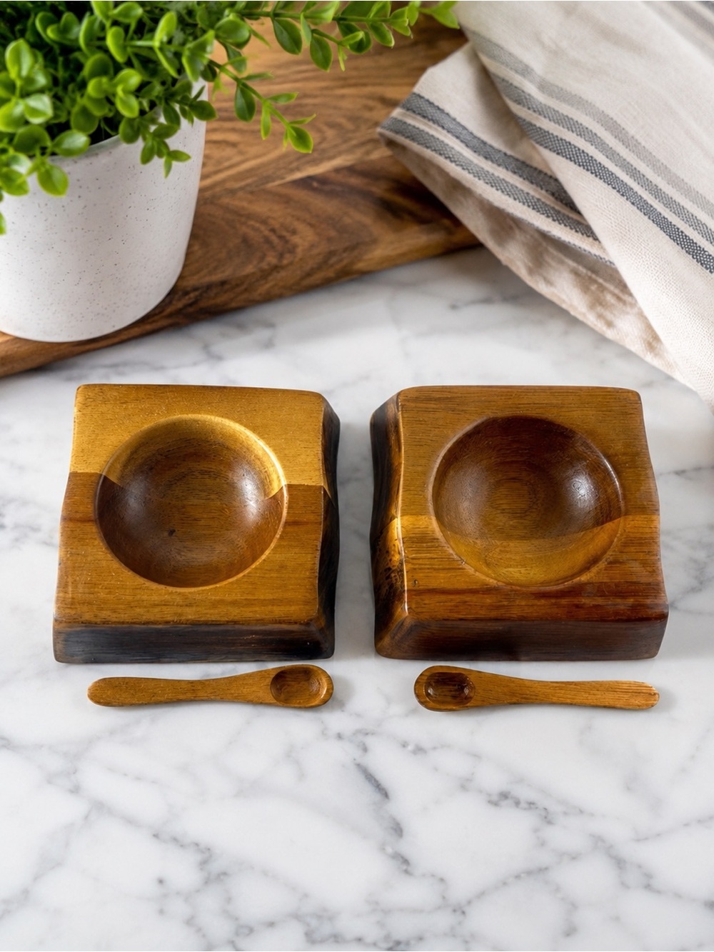 Rachael Ray Wooden‎ Square Pinch Bowls w/ Spoons Set of 2 Salt Spice Bowls